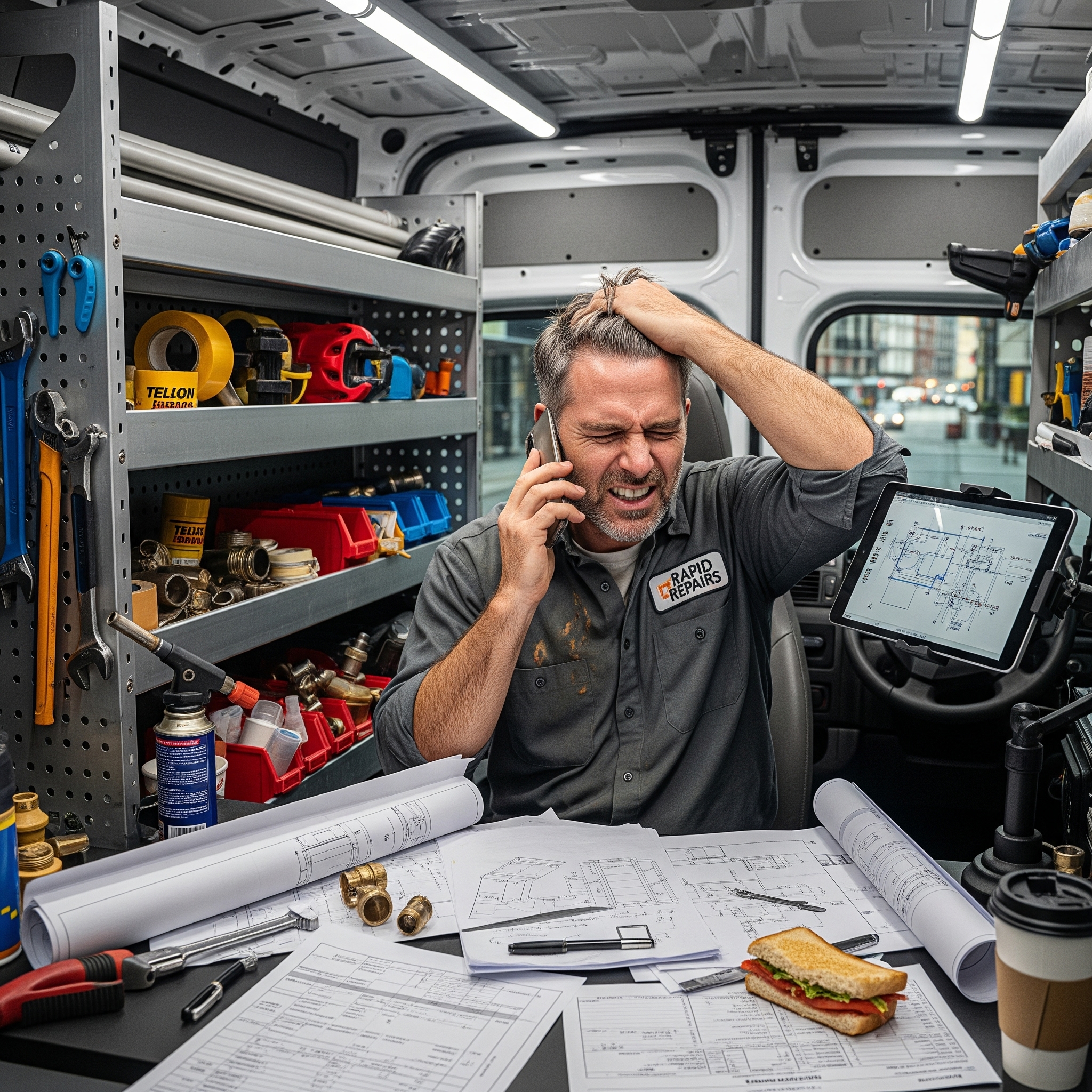 A plumber looking overwhelmed by calls and paperwork in his work van at night.